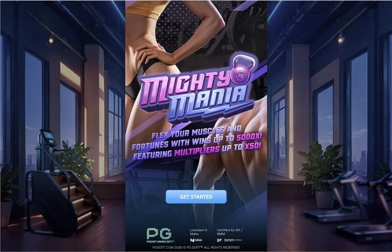 Mighty Mania — galvenā izvēlne un likmju izvēles ekrāns